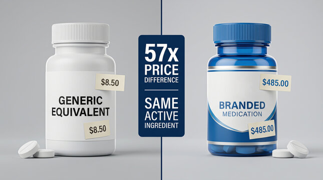 Pharmaceutical economics visualizing the extreme cost disparity between generic and branded prescription medication for healthcare budgeting awareness.