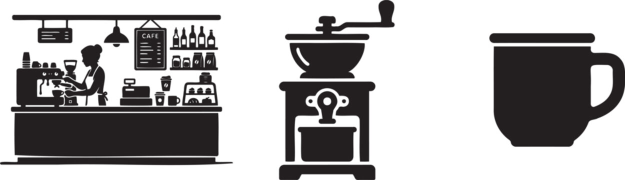 Black and white coffee shop icons with barista and coffee grinder