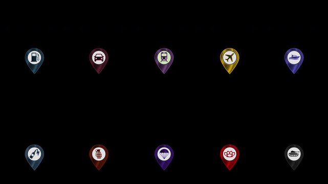 Animated 3D location marker pack with transport and combat category icons on dark background, suitable for open-world game HUD, navigation apps, and mission map overlays