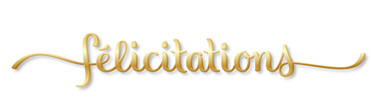 FELICITATIONS gold brush lettering banner with drop shadow on transparent background