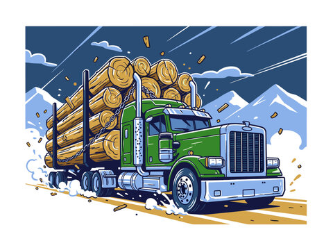 Logging truck illustration. Timber hauling adventure for t shirt. Mountain road design. Big rig graphic print. Forest industry artwork.