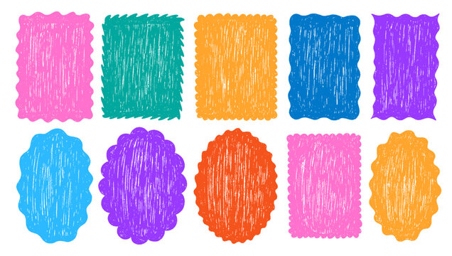 Hand drawn crayon wavy frame set. Fun retro y2k colorful borders with curved edge. Vector postage grunge texture text box shapes perfect for messages, quotes, highlights and playful graphic design