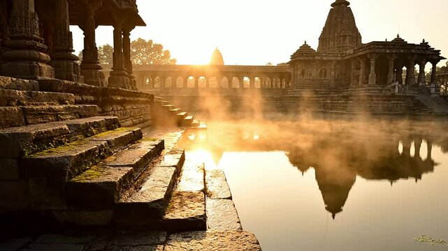 Sunrise over ancient temple steps beside serene reflection pool