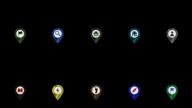 Ten stylized 3D map pins with utility and everyday symbols. home, garage, search, user profile, book, footprint, lightning, and flag. perfect for navigation and real estate apps