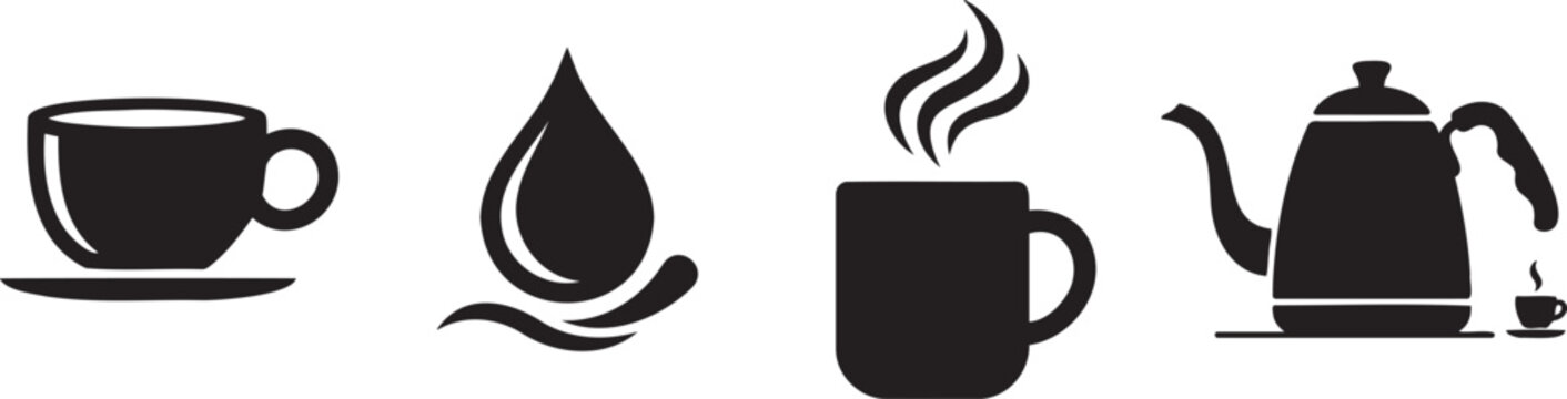 Black silhouettes of coffee cup, teapot and steam icons