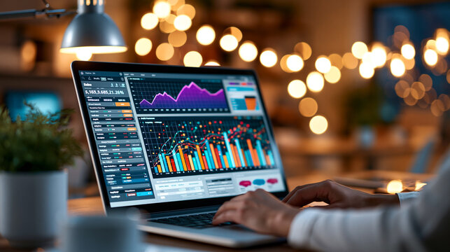 Business data visualization dashboard on a desktop computer screen showing sales figures, profit margins, and marketing performance metrics with colorful charts, defocused office