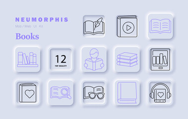 Fototapeta premium Books set icon. Open book feather audiobook reader stack tablet heart cover magnifier glasses closed book headphones reading line style neumorphic tiles.