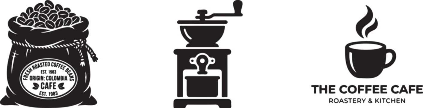 Black and white coffee icons with beans bag grinder cup