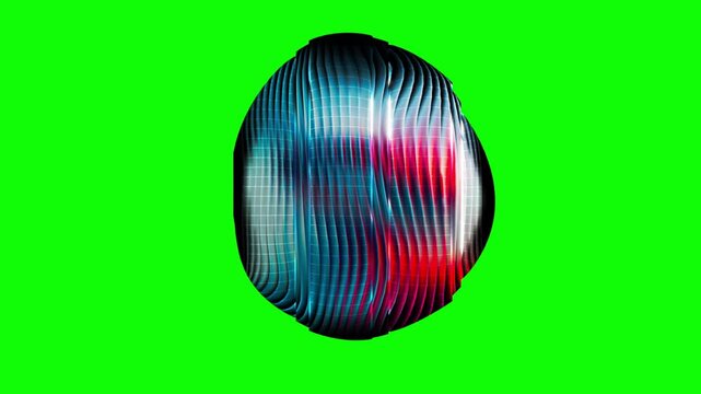 Grid spheres morph with metallic waves and neon blue red reflections in a seamless 3D animation loop over a chroma key green screen background for broadcast vfx