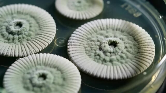 Time-lapse recording capturing fungal colonies expanding and darkening on petri dish agar