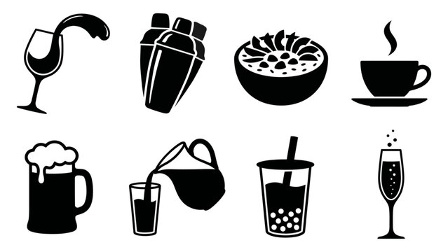 Collection of drink silhouettes including wine, coffee, beer, and cocktail shaker