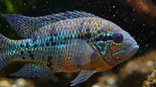 Close Up of Colorful Tropical Cichlid Fish Swimming in Freshwater Aquarium with Shimmering Scales and Detailed Underwater Macro View