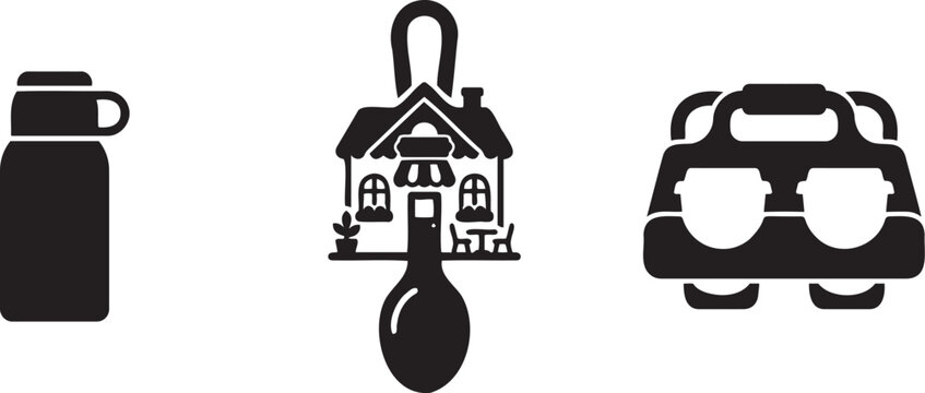 Black icons of thermos, house with padlock and briefcase