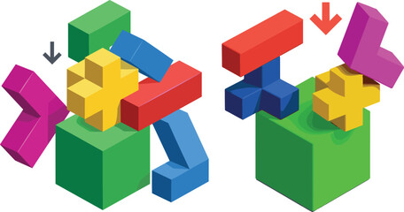 Obraz premium Colorful 3D geometric block puzzle illustration showing interlocking shapes with arrows indicating assembly and configuration concept