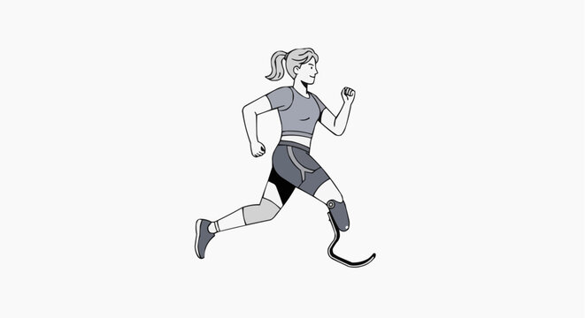 Woman with prosthetic leg running with determination and strength