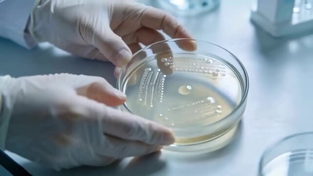 Lifting gloved hands tilting petri dish at lab bench, inspecting colonies and antibiotic disk