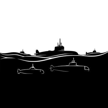 Submarines Silhouette Illustration on and Under the Sea