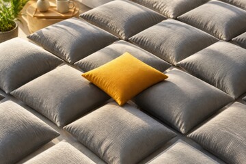 Fototapeta premium Sunlit outdoor cushioned seating with geometric padded tiles and a single yellow throw pillow