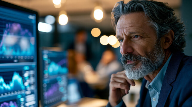 General manager in a corporate office reviewing multi-metric digital graphs and data dashboards on a large screen to optimize business development strategy, defocused open office