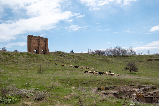 Ancient Bezirhane ruins on the hills north of the Ahlat Seljuk Cemetery in Bitlis, T&uuml;rkiye, reflecting the industrial and architectural heritage of the medieval Seljuk settlement.