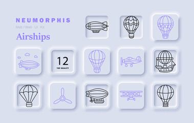 Airships set icon. Blimp, balloon, aircraft, flight, sky, clouds, propeller, plane, parachute, transport, aviation, journey, travel, altitude, adventure. © Кирилл Макаров