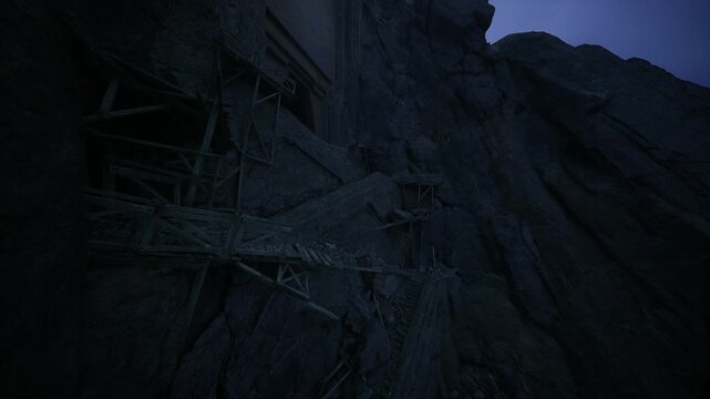 Decaying cliffside structures cling to rock face, timber beams and makeshift ladders visible in shadow, steep vertical texture and eroded masonry create tense,