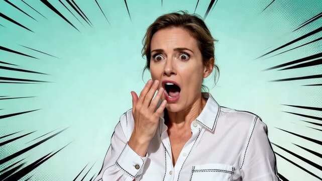 雑誌風の演出で驚く欧州の女30代、ミント背景と集中線の写真