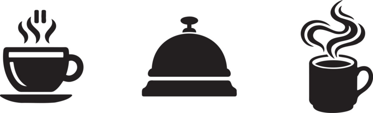 Black icons of coffee cups and hotel bell