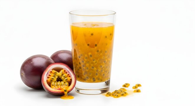 Jus markisa segar dalam gelas dan potongan buah di latar belakang putih
