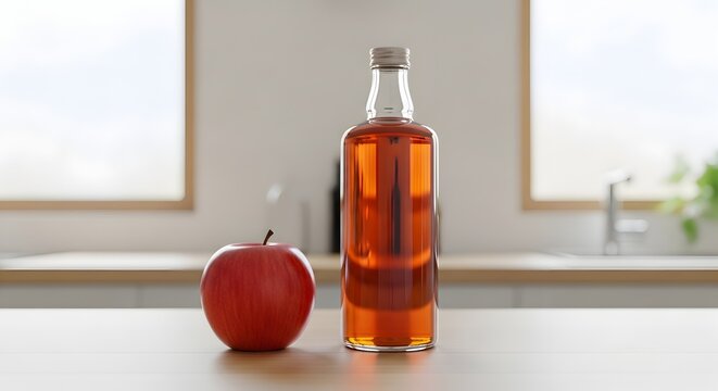 Botol kaca cuka apel dan satu buah apel merah segar di atas meja dapur
