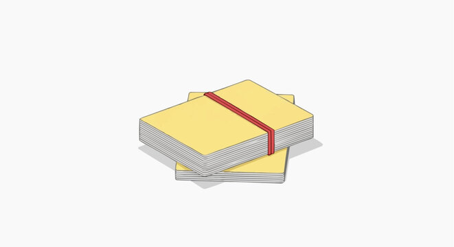Stack of yellow papers held together by a red elastic band on a white background