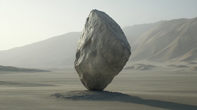 A colossal solitary boulder balancing on a flat windswept desert plain beneath distant mountains and haze