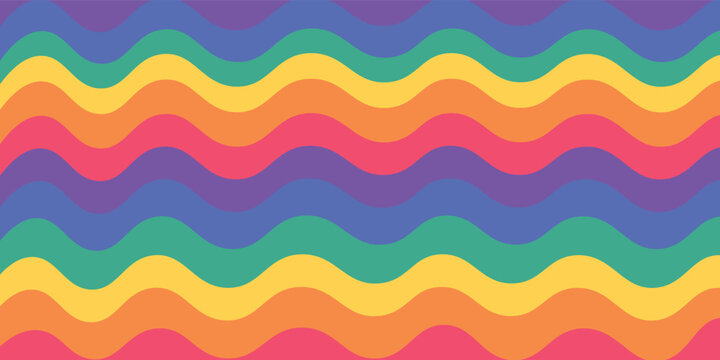 Retro Pride background set with bold psychedelic rainbow waves. Abstract LGBTQ wavy line patterns and vibrant 70s fluid stripes. Seamless style digital paper for inclusive marketing decor. Vector.