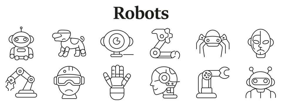 Robot characters set icon. Cute android, robotic dog, round screen unit, mechanical arm, spider robot, humanoid head, industrial arm, helmet worker, prosthetic palm, cyborg profile line style