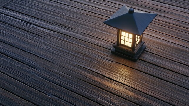 A Cozy Small Lantern Casting Warm Glow on Wooden Deck at Dusk