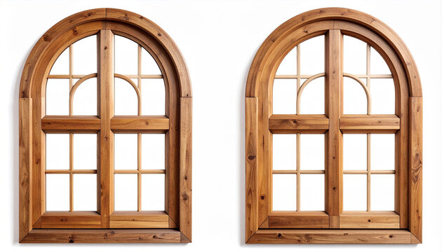 Set of two wooden window frames with arched designs, isolated on white background, minimalist architectural concept.