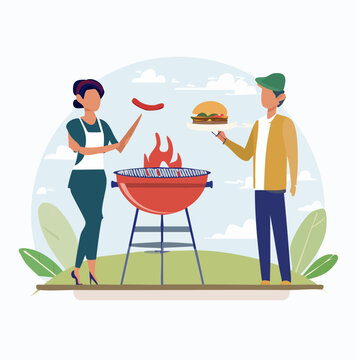 Couple Barbecuing Sausage and Burger Outdoors