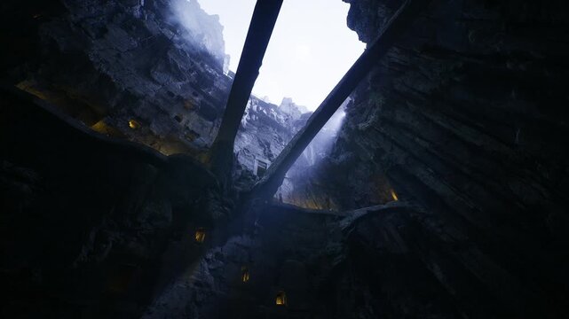 Skylit gorge under intersecting stone bridges with cold blue sky visible above, textured rock walls and narrow walkway edged with tiny lanterns creating