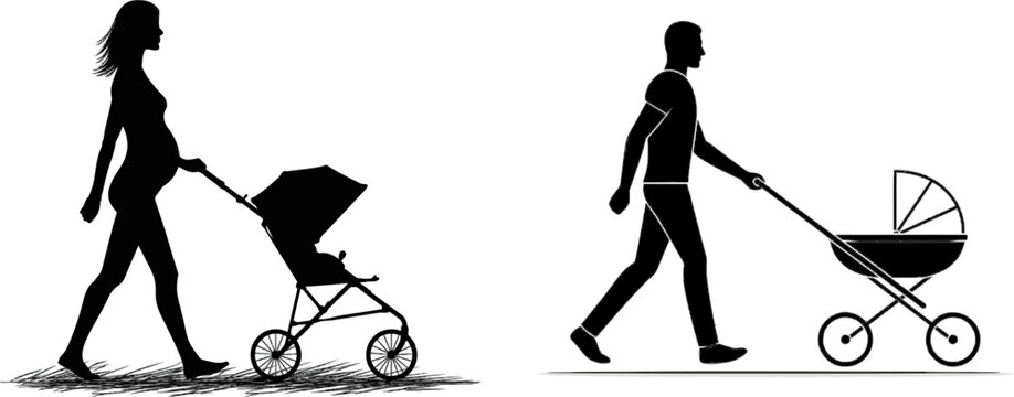 A silhouette of a pregnant woman pushing a simple dome canopy stroller with circular wheels against a flat black background, isolated on a white surface