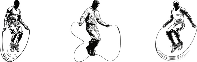 Obraz premium A muscular athlete performs a dynamic skipping rope routine, their silhouette sharply outlined against a stark white background, capturing the fluidity of motion in bold black strokes