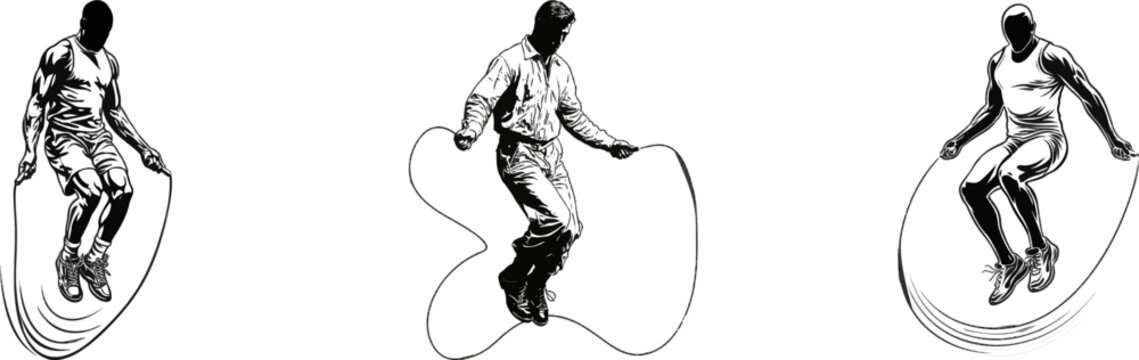 A muscular athlete performs a dynamic skipping rope routine, their silhouette sharply outlined against a stark white background, capturing the fluidity of motion in bold black strokes