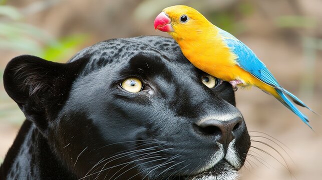 A Curious Black Dog Gazes Upward While A Bright Parrot Perches Playfully On Its Snout