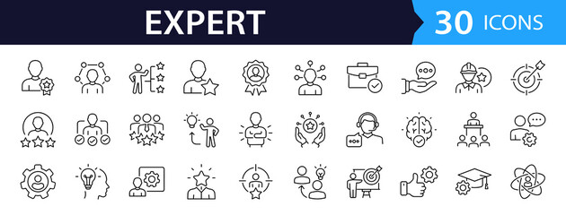 Fototapeta na wymiar Expert Web Icon Set in Linear Style. Collection of Expert advice line icons, including expertise, knowledge, specialist, skill, advice, mastery, mentor and more. Editable stroke