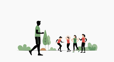 Fototapeta premium Fitness instructor leads outdoor exercise class with group of women in park
