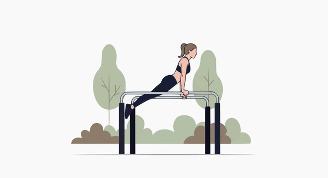 Woman exercising on parallel bars outdoors in a park with trees and bushes