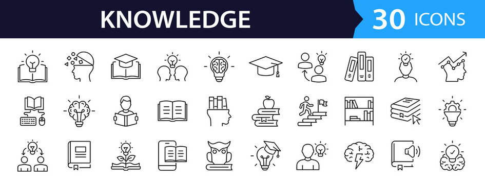 Knowledge Web Icon Set in Linear Style. Collection of Education line icons, including brainstorm, mind, thinking, book, brain, education, idea, creativity, genius, owl, intelligence and more