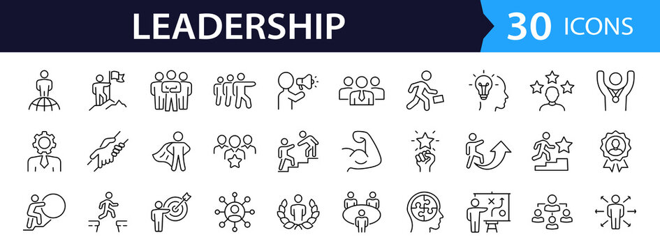 Leadership Web Icon Set in Linear Style. Collection of Influencer line icons, including leadership, leader, expert, winner, vision, mentorship, influence, lead, organization, vision. Editable stroke