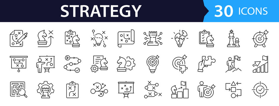 Strategy Web Icon Set in Linear Style. Collection of Action plan line icons, including strategy, goal, plan, tactic, problem-solving, vision, roadmap, mission, tasks and more. Editable stroke