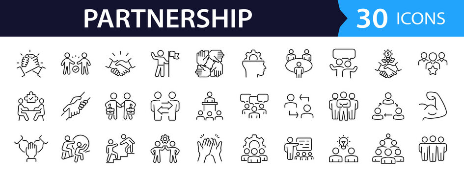 Partnership Web Icon Set in Linear Style. Collection of Collaboration line icons, including agreement, plan, teamwork, synergy, success and win-win solution, cooperative and more. Editable stroke
