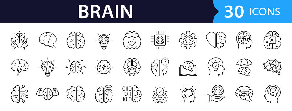 Brain Web Icon Set in Linear Style. Collection of Human brain advice line icons, including brainstorm, knowledge, artificial intelligence, mind, creative idea, thinking and more. Editable stroke